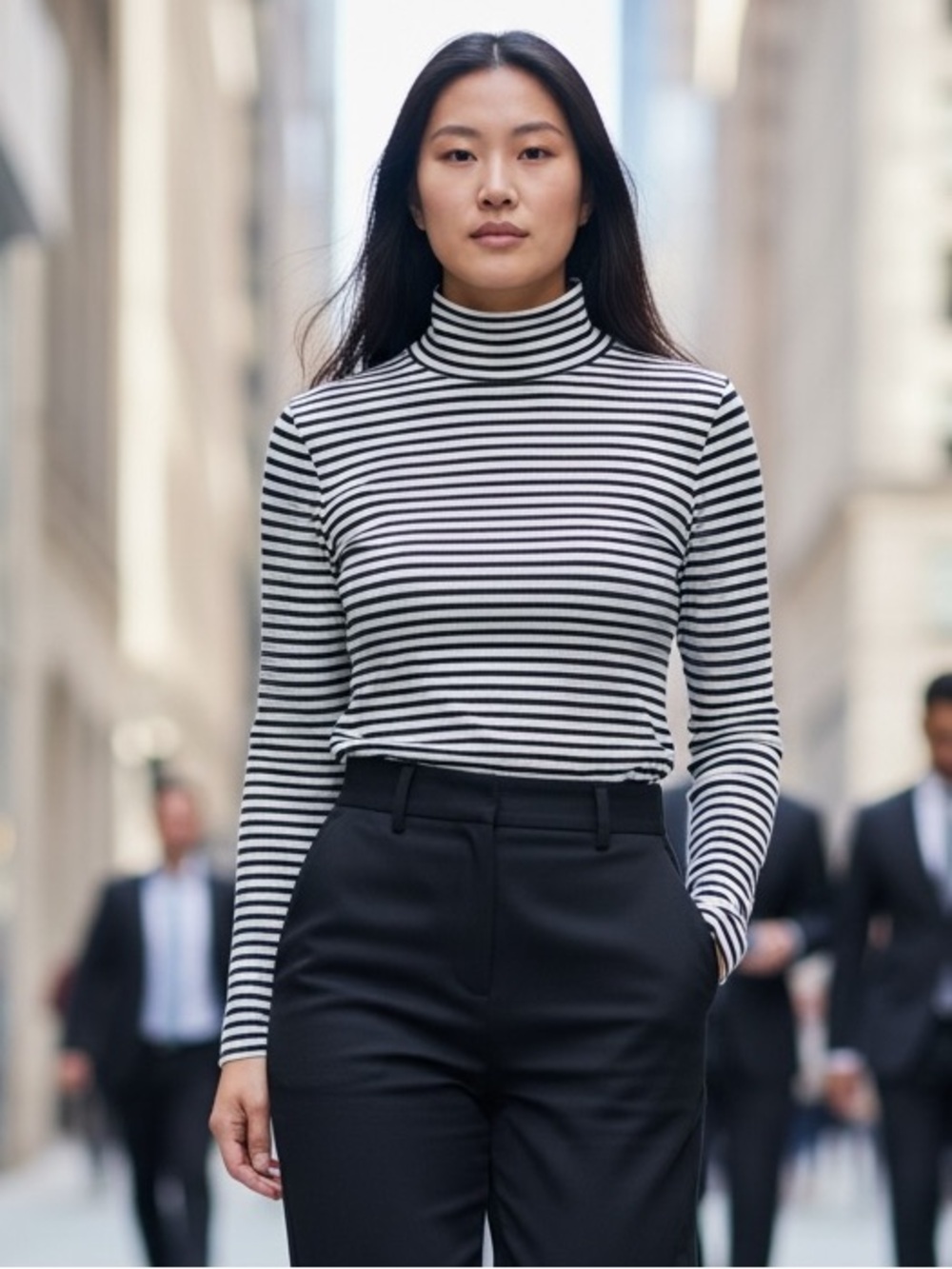 TAHARI Fitted Striped Black & Grey Striped Layering Turtleneck Top